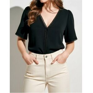 Sezane Black V-Neck Lace-Trim Top